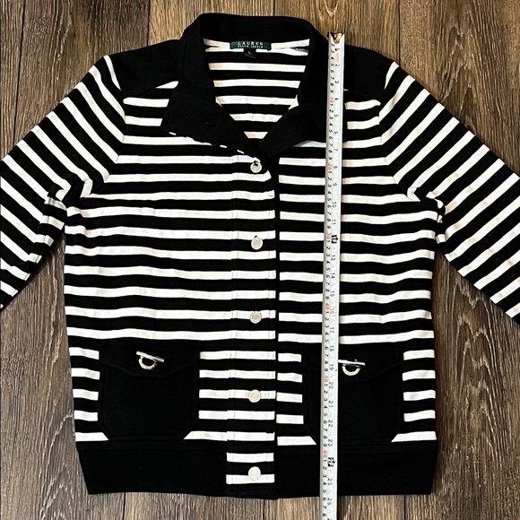 Lauren Ralph Lauren Striped Cardigan Sweater Silver Buttons Black Coastal Large - Picture 13 of 13
